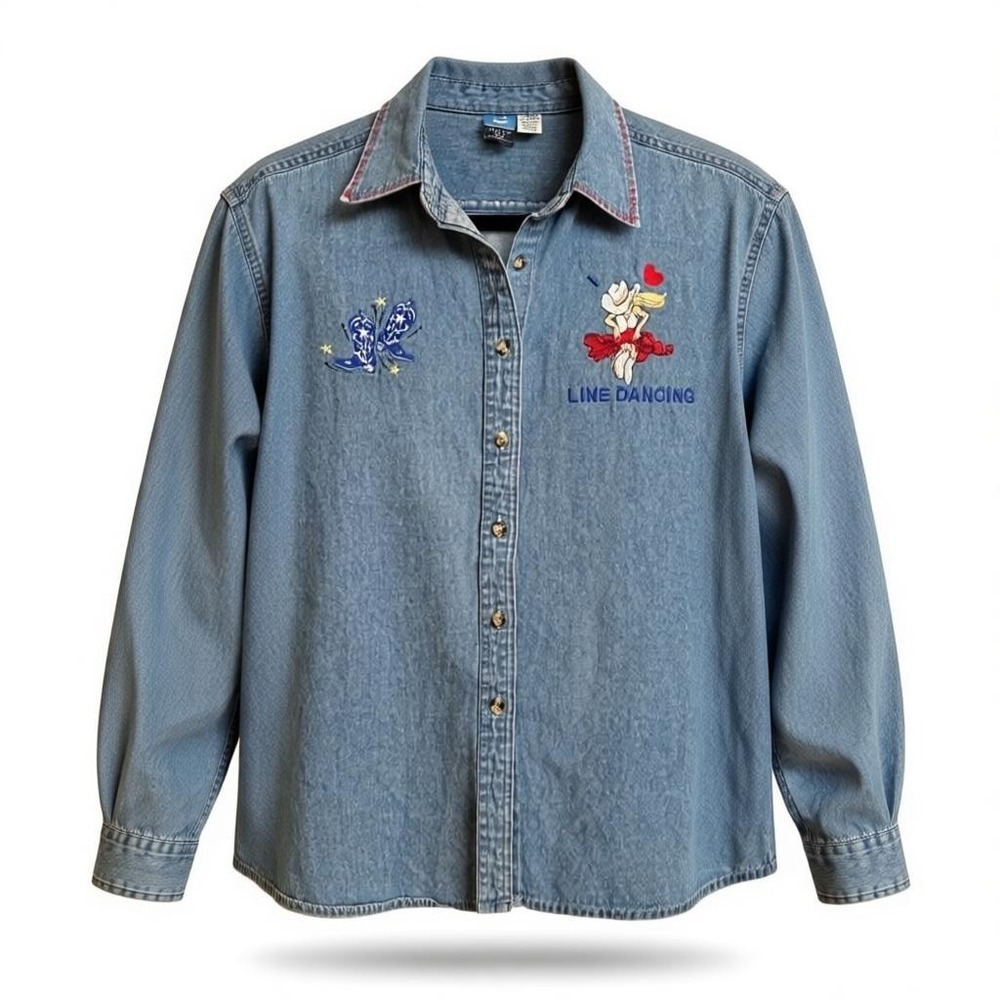 Port & Company Vintage Embroidered Line Dancing Denim Western Shirt L